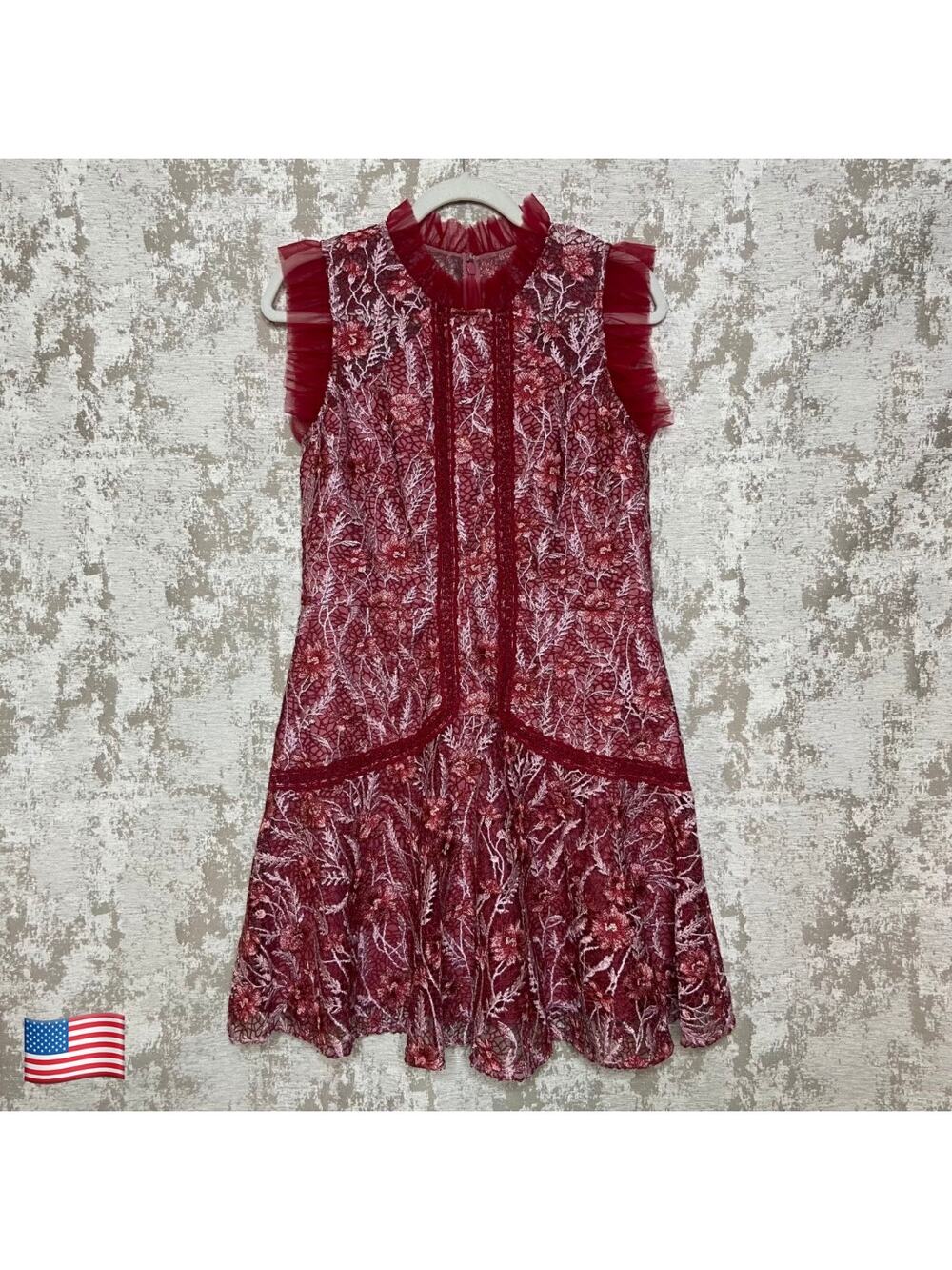 ML Monique Lhuillier Floral Lace Mini Dress with Sheer Ruffle Maroon/Oyster Pink
